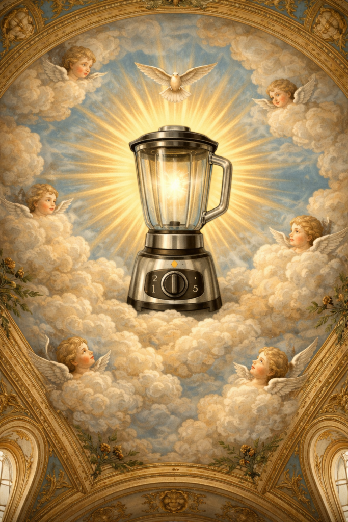 Le plafond d'une chapelle avec une fresque représentant un blender et des anges